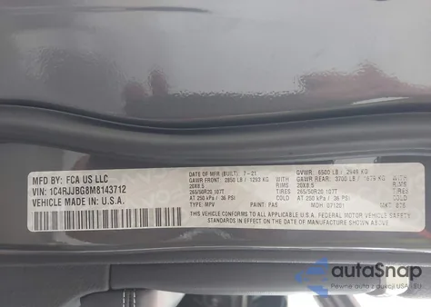 2021 Jeep Grand Cherokee L Limited 4X2 из США, поврежденный, VIN 1C4RJJBG8M8143712